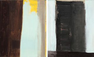 We see two abstract paintings in brown, blue, yellow, and black tones in a smearing motion.