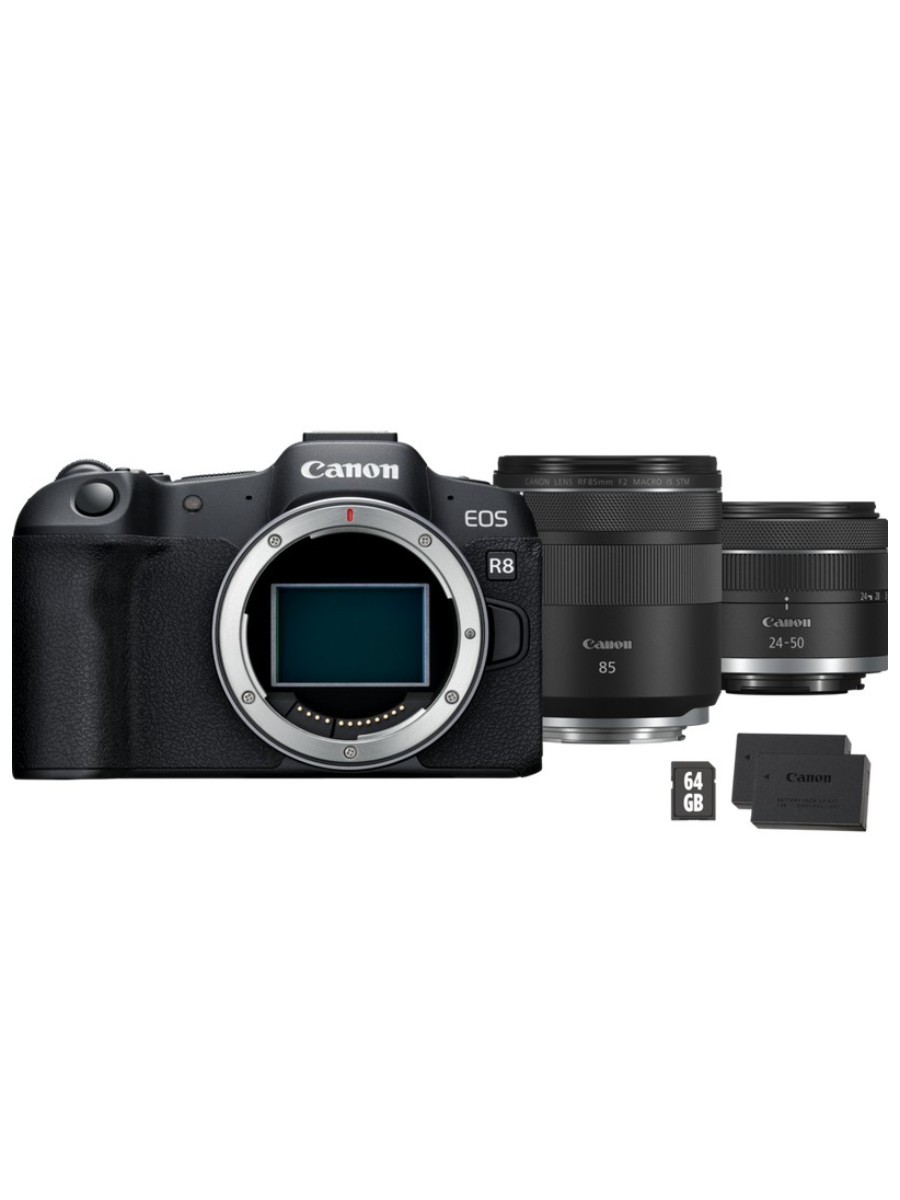 Canon Eos R8 Mirrorless Camera, Black + Rf 85mm Macro Is Stm Lens + Rf 24-50mm Is Stm Lens