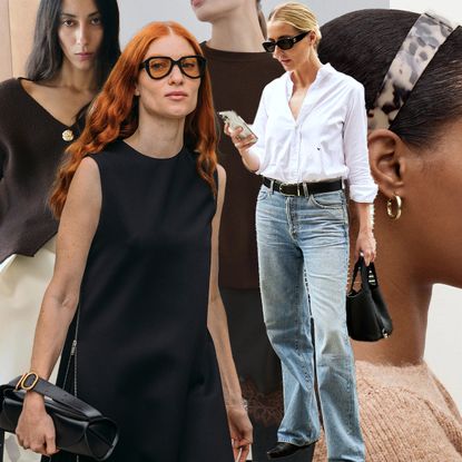 Chic under-$100 Nordstrom finds; woman in black top and sunglasses; woman in white-button down, blue jeans, and sunglasses
