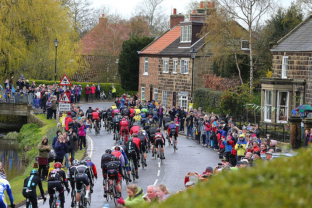 The peloton in action during stage 3 in Yorkshire