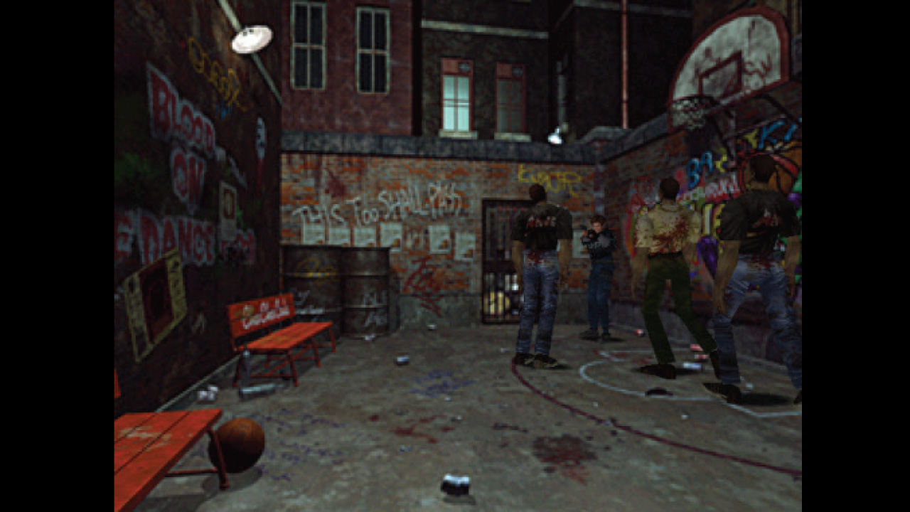 Leon Kennedy takes aim at zombies in Resident Evil 2 for the Dreamcast who have collected in an urban basketball court