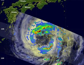 Talas, seen by NASA'S TRMM satellite, approaching Japan on September 1. The red areas indicate heavy rainfall at more than 2 inches per hour.