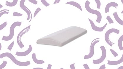 Gentle Living Lumbar Support Pillow on white background with purple design 