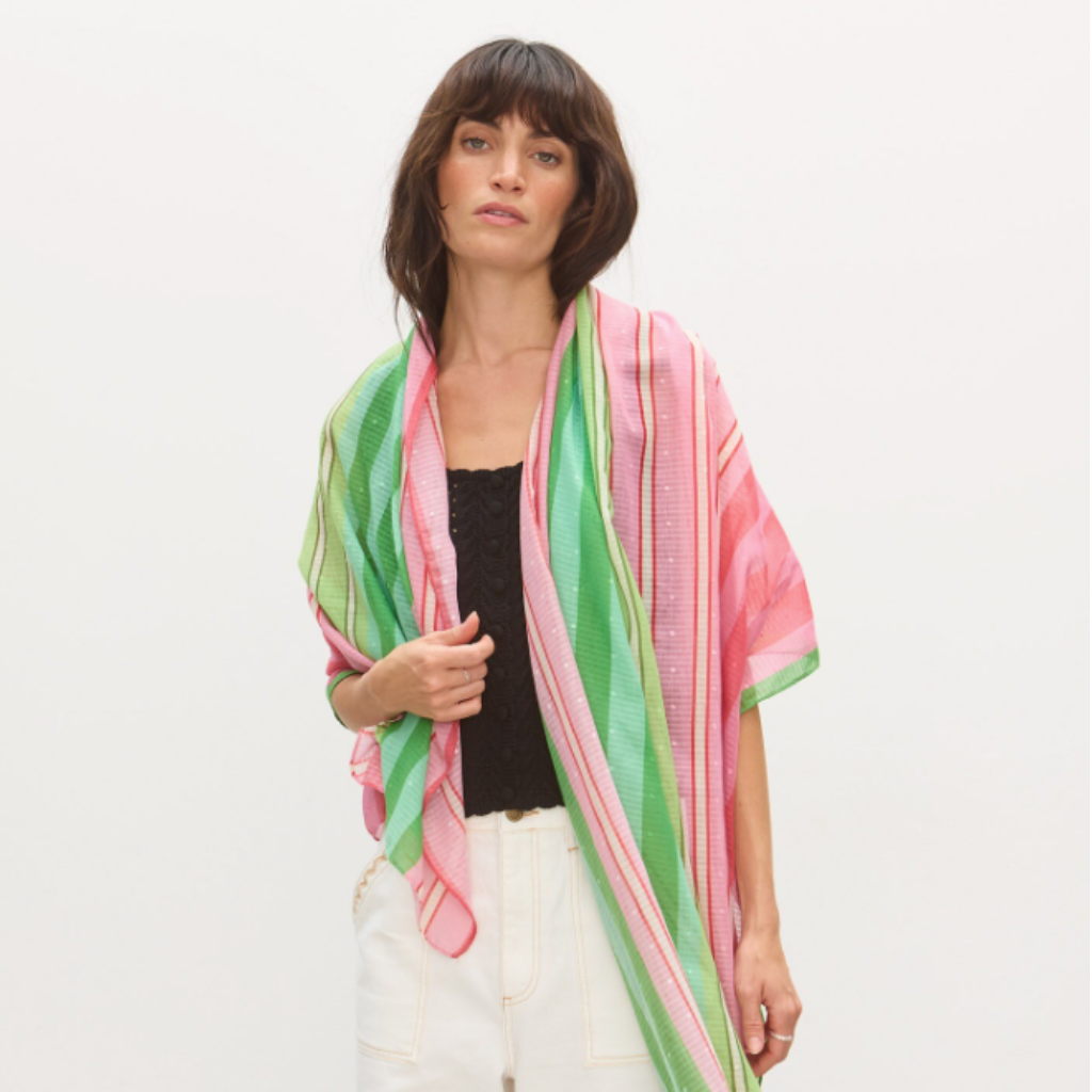 Green & Pink Striped Lightweight Scarf 