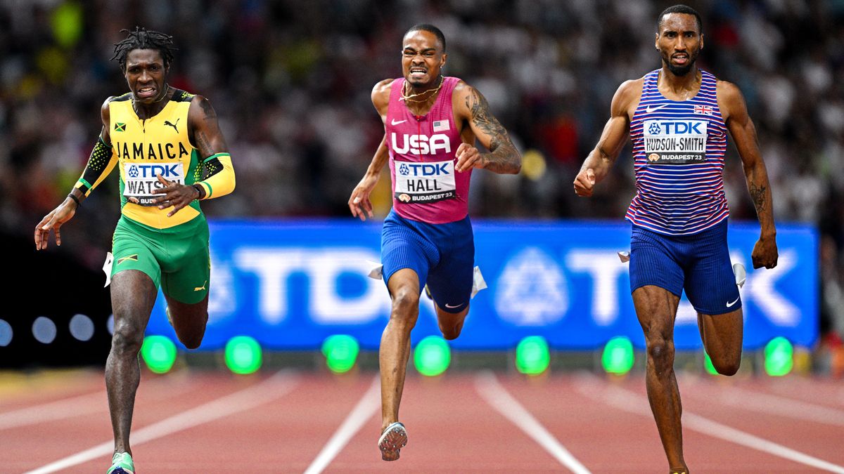 Antonio Watson (L), in yellow and green, Quincy Hall (C), in red vest and blue shorts, and Matthew Hudson-Smith (R), in blue and white stripes, competing in the men&#039;s 400m Men ahead of the 2024 Paris Olympic Games.