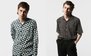 Left, a man wearing a triangle patterned long sleeved button up shirt. Right, a man wearing a short sleeved black button up shirt with white dots on it and black pants.