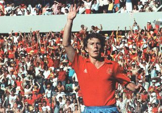 Emilio Butragueño celebrates after scoring for Spain against Denmark at the 1986 World Cup.