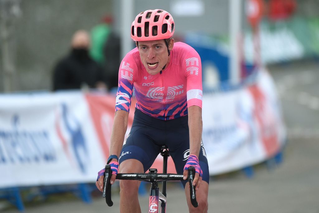 EF Pro Cyclings British rider Hugh Carthy reacts as he crosses the finishline of the 12th stage of the 2020 La Vuelta cycling tour of Spain a 1094km race from Pola de Laviana to Alto de lAngliru on November 1 2020 Photo by MIGUEL RIOPA AFP Photo by MIGUEL RIOPAAFP via Getty Images