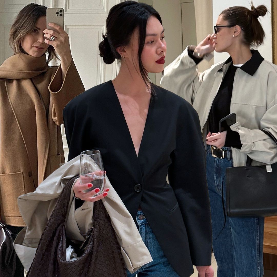 fashion collage featuring three style influencers including Johanna Piispa, Mimi Nguyen, and Coco Schiffer wearing elevated outfits for 2026 with polished pieces like a camel scarf coat, a black waisted blazer, and a cool barn coat with jeans