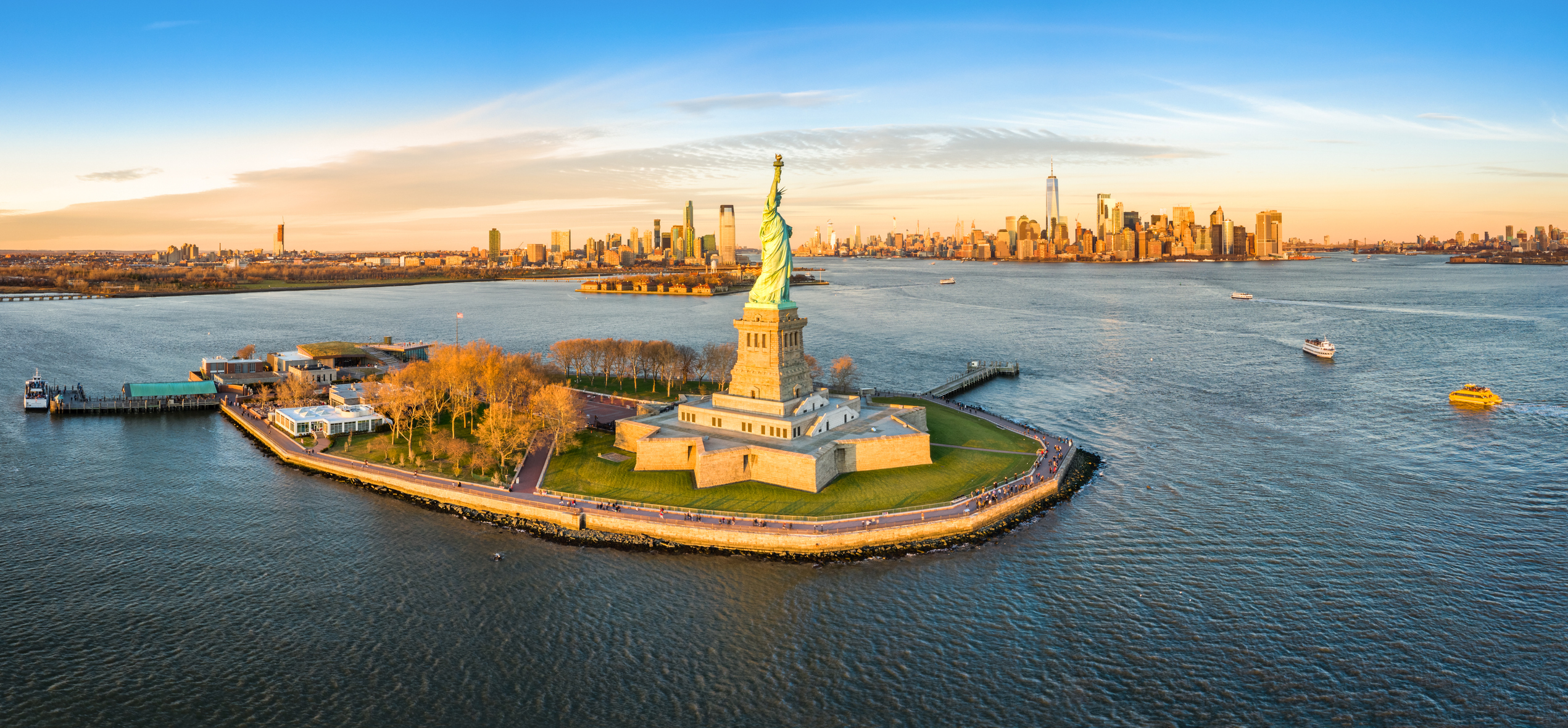 Aerial panorama of the Statue of Liberty