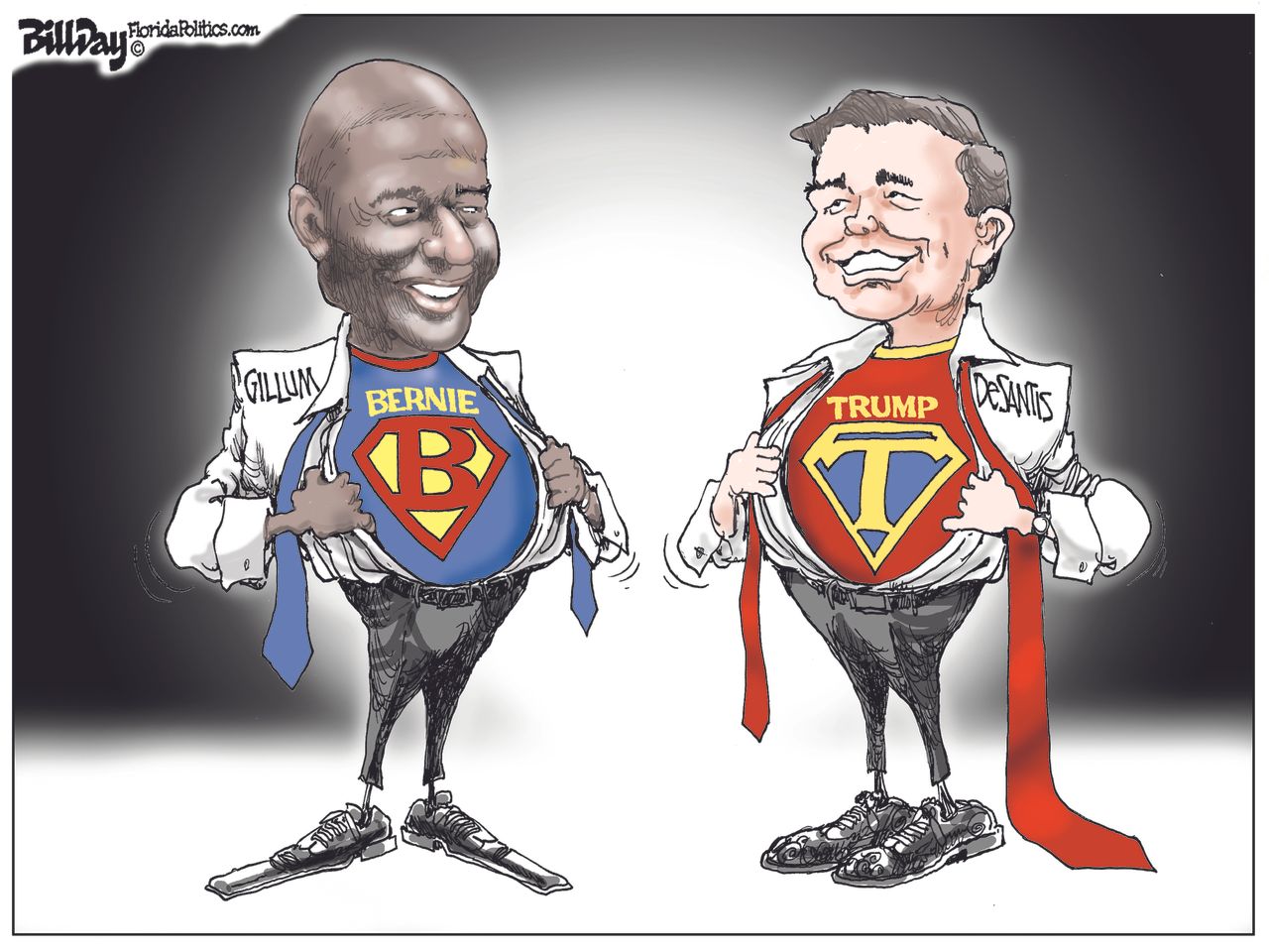 Political cartoon U.S. Florida governor primary Bernie Sanders Trump Andrew Gillum Ron DeSantis