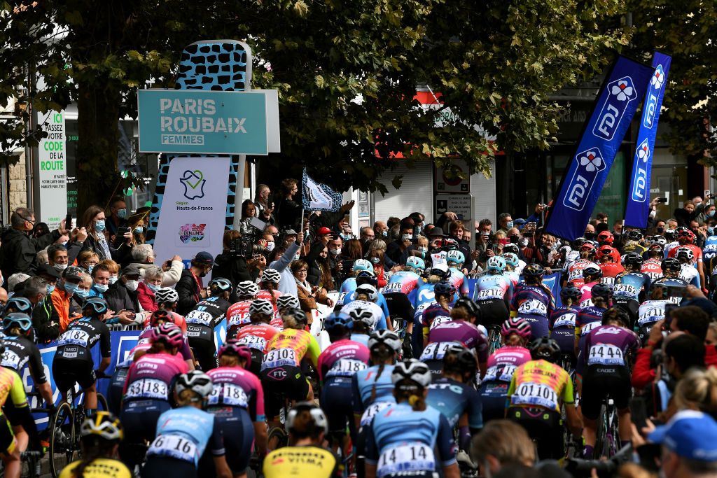 ROUBAIX FRANCE OCTOBER 02 A general view of the peloton prior to the 1st ParisRoubaix 2021 Womens Elite a 1164km race from Denain to Roubaix ParisRoubaixFemmes ParisRoubaix on October 02 2021 in Roubaix France Photo by Tim de WaeleGetty Images