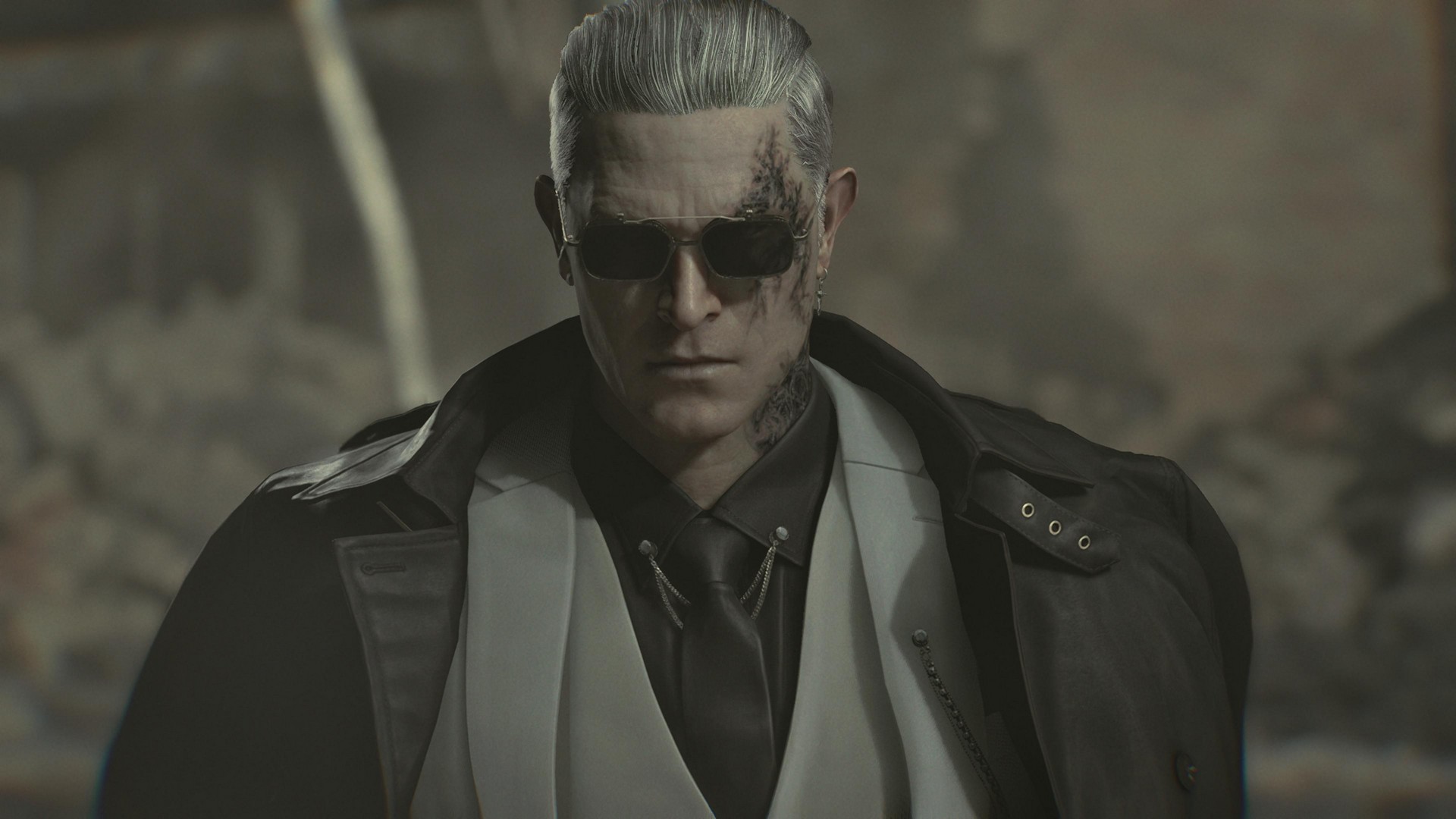 A close-up of Zeno, a man in a white suit with white hair and dark sunglasses, in Resident Evil Requiem