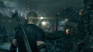 Resident Evil 4 review; a character looks out over a factory