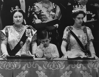 Prince Charles, Princess Anne and Queen Mother at Queen Elizabeth's coronation