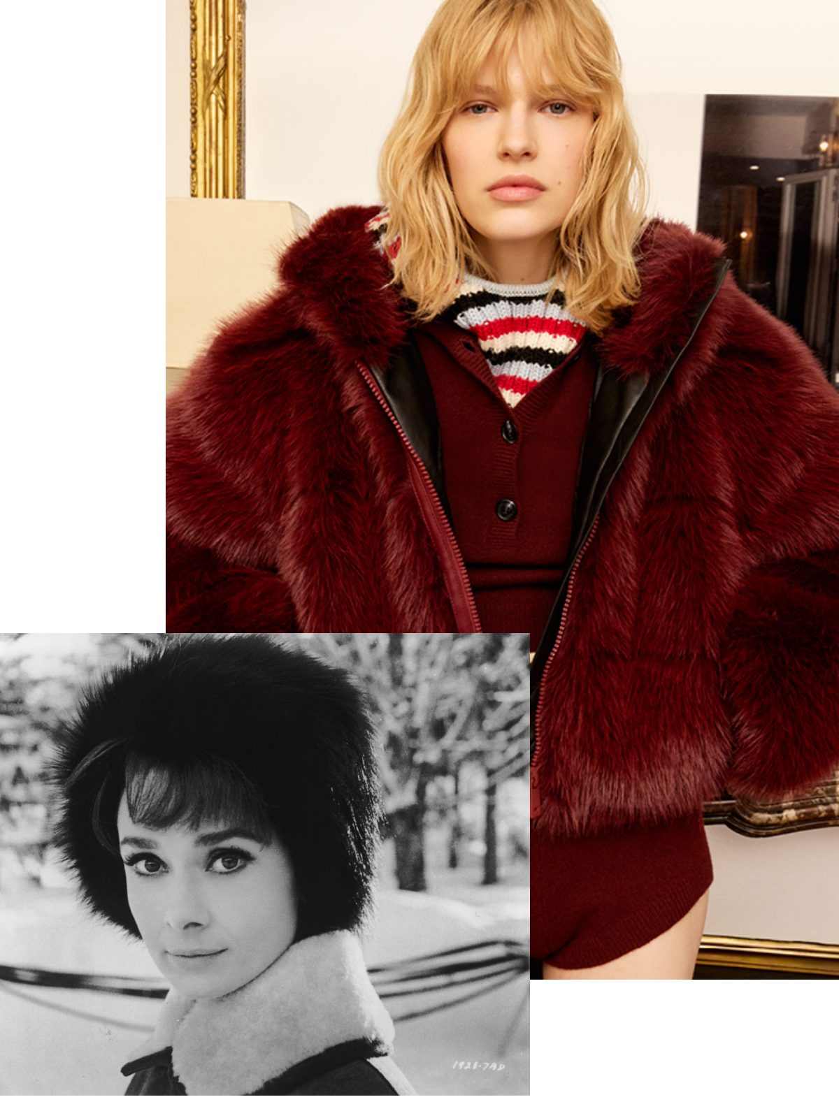 Actress Audrey Hepburn (1929-1993) wearing a fur hat in a scene from 'Charade', directed by Stanley Donen, 1963. /Model wearing a red fur H&amp;amp;M x Perfect Moment jacket