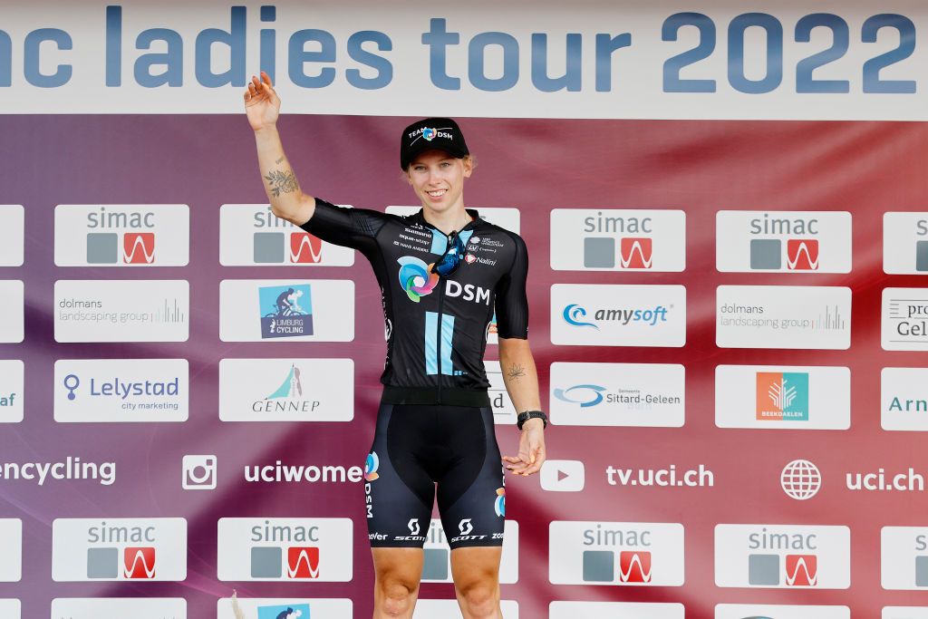 ARNHEM NETHERLANDS SEPTEMBER 04 Lorena Wiebes of Netherlands and Team DSM celebrates winning the race on the podium ceremony after the 25th Simac Ladies Tour 2022 Stage 6 a 1503km stage from Arnhem to Arnhem SLT2022 UCIWWT on September 04 2022 in Arnhem Netherlands Photo by Bas CzerwinskiGetty Images