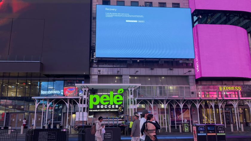 A digital billboard in New York&#039;s Time Square showing a blue screen of death due to the Crowdstrike outage of 2024.