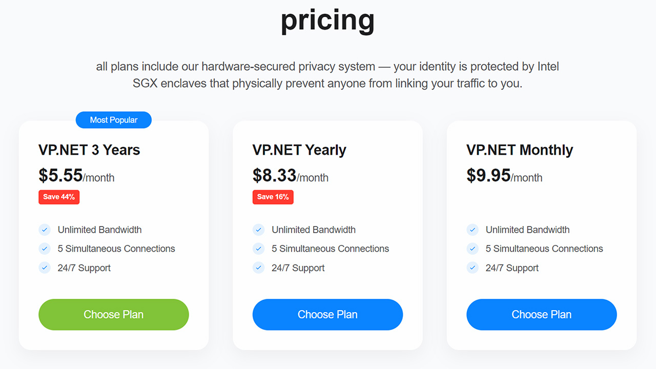 Screenshot of VP.NET's pricing. Three plans are displayed: one month, one year, and three years