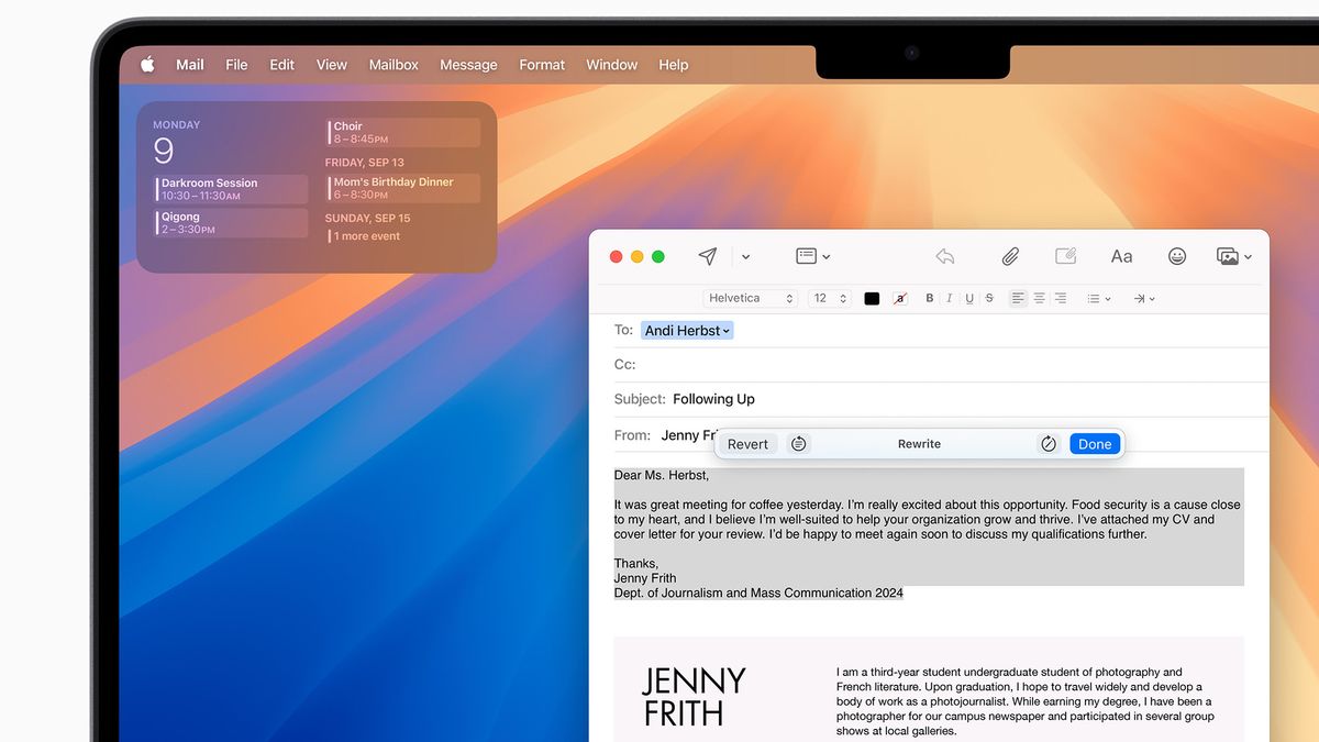 Apple Intelligence Writing Tools in Mail on a MacBook