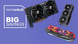a trio of graphics cards against a purple TechRadar background