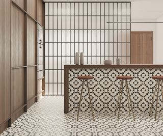 contemporary wood kitchen with black and white floor tiles and tiled breakfast bar