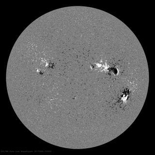 Two large sunspots are visible on the right side of the sun, in this image taken by the Helioseismic and Magnetic Imager (HMI) on NASA's Solar Dynamics Observatory, which shows magnetic activity on the star's surface. The image was taken on Sept. 6, 2017.