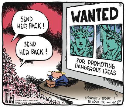 Political Cartoon U.S. Trump Rally Send Her Back Lady Liberty