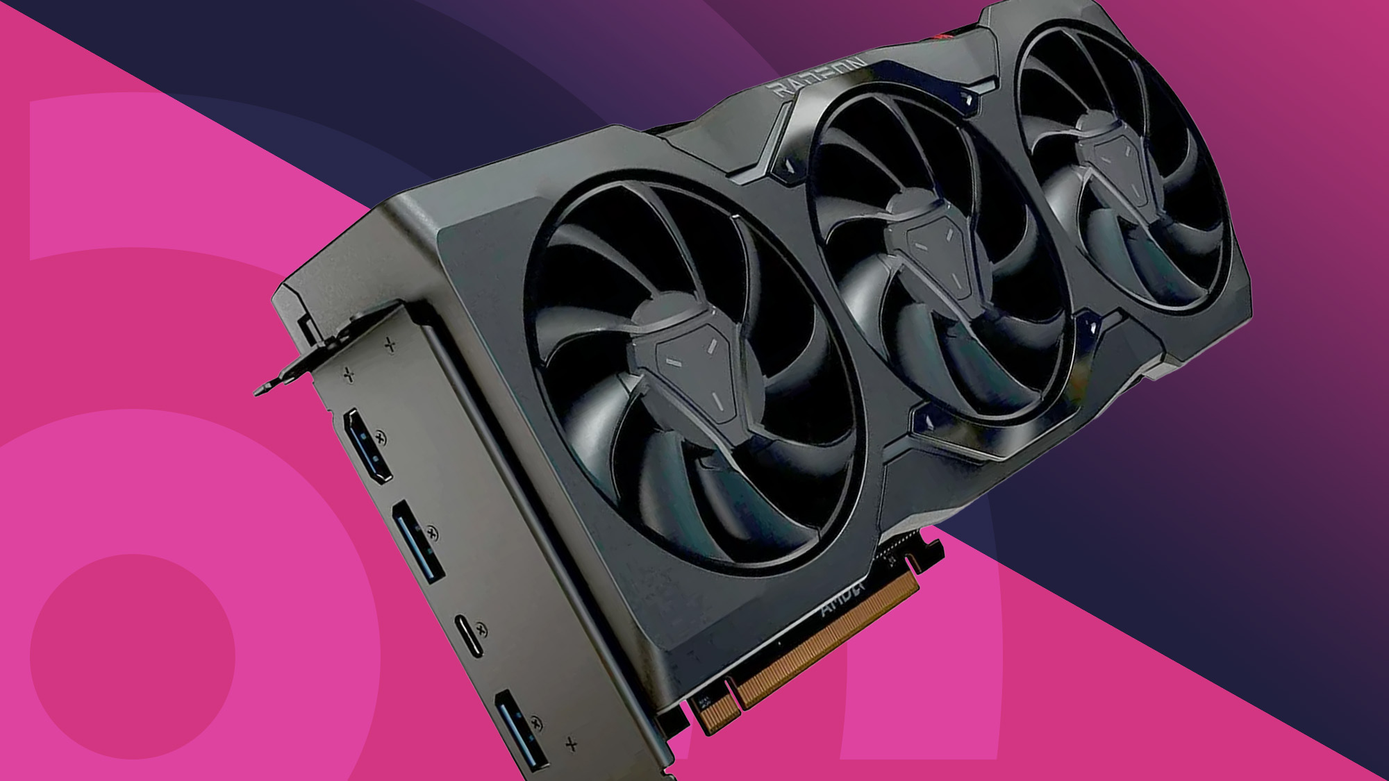 An AMD Radeon RX 7900 XT, a top pick for best graphics card, against a two tone magenta background