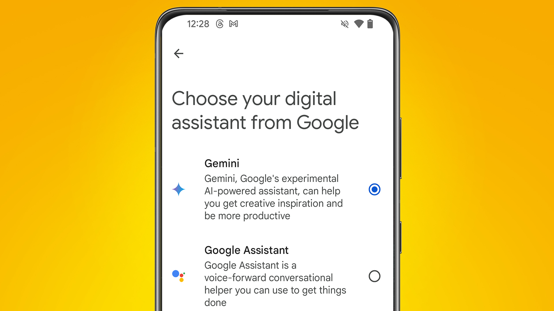 An Android phone on an orange background showing the Google Gemini app