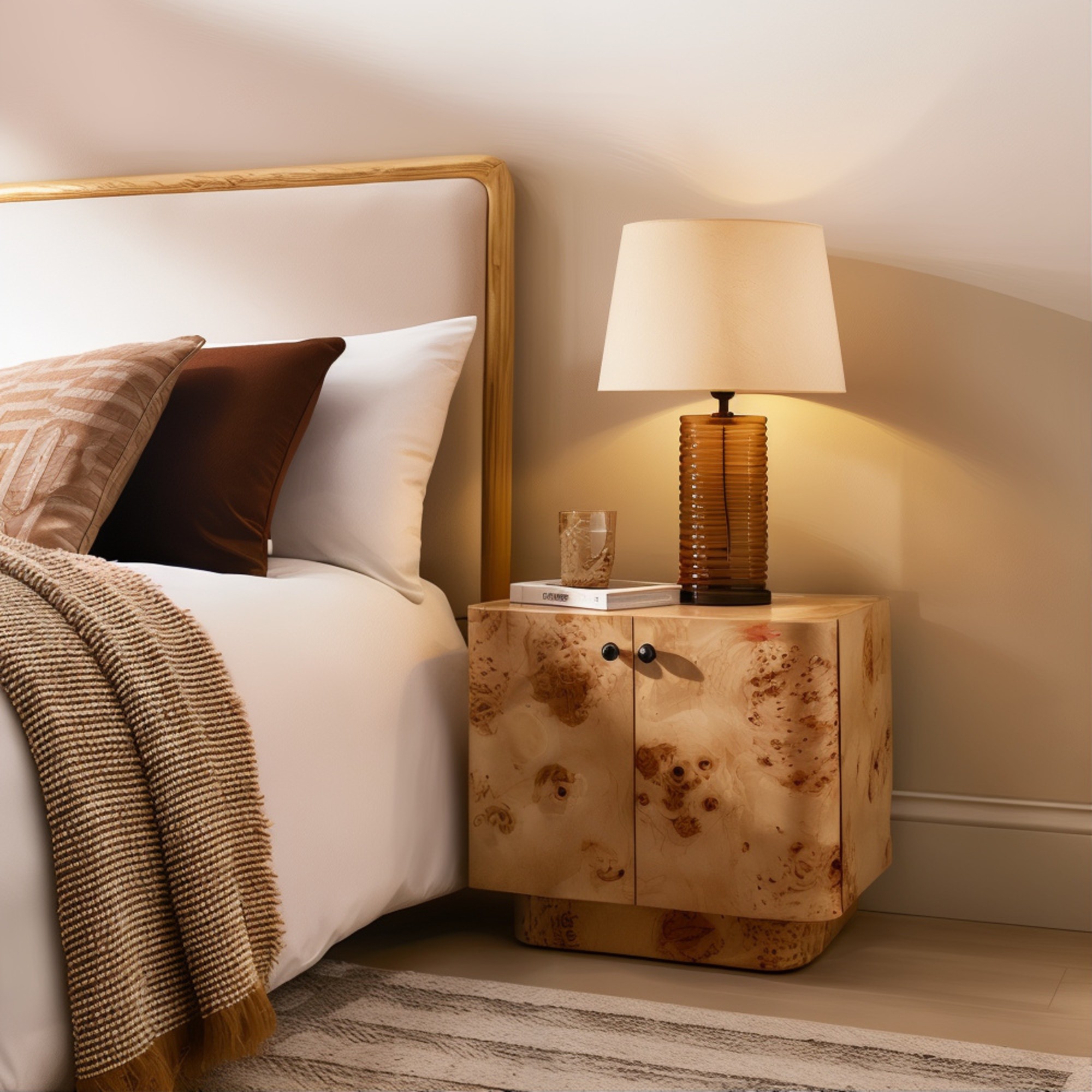 Dunelm's Seana 2 Door Bedside Table in a burl wood finish in a bedroom
