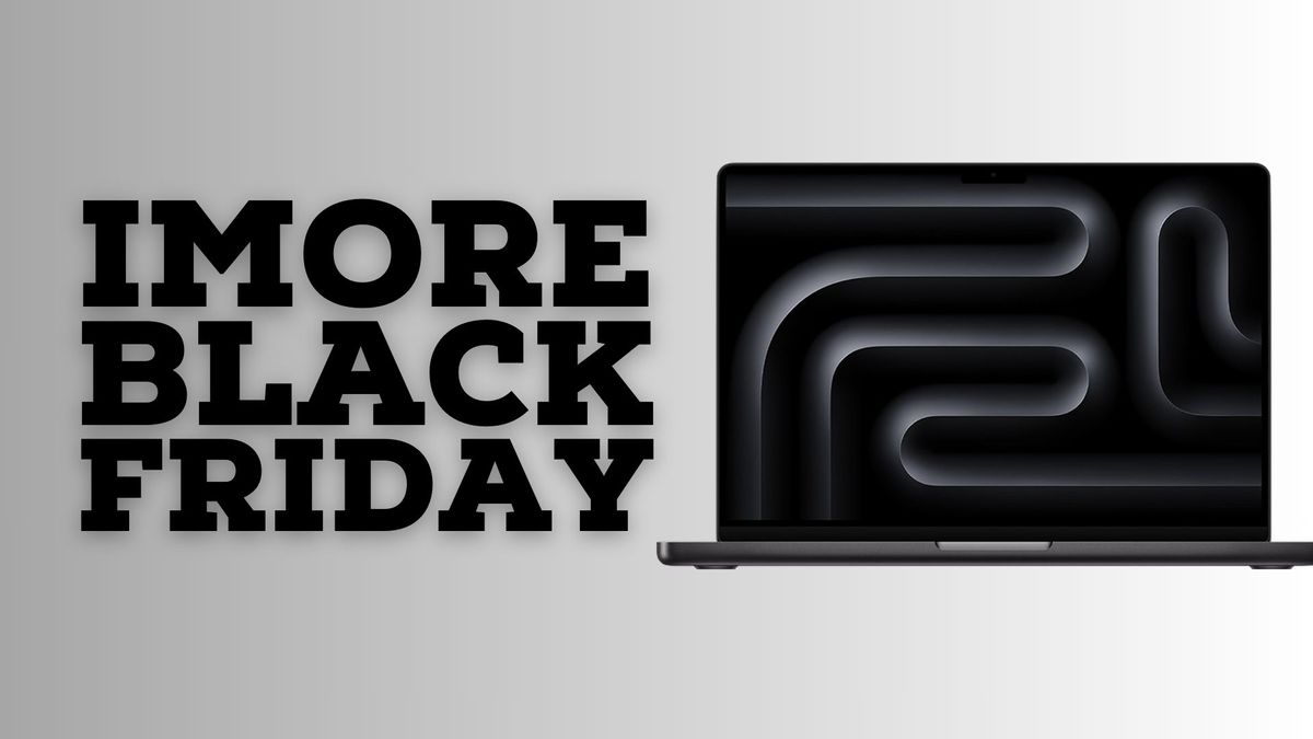 MacBook Pro 14 in Space Gray next to &#039;iMore Black Friday&#039; text