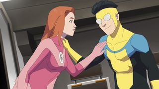 Atom Eve puts her hand on a smiling Mark Grayson's shoulder in Invincible season 2 part 2