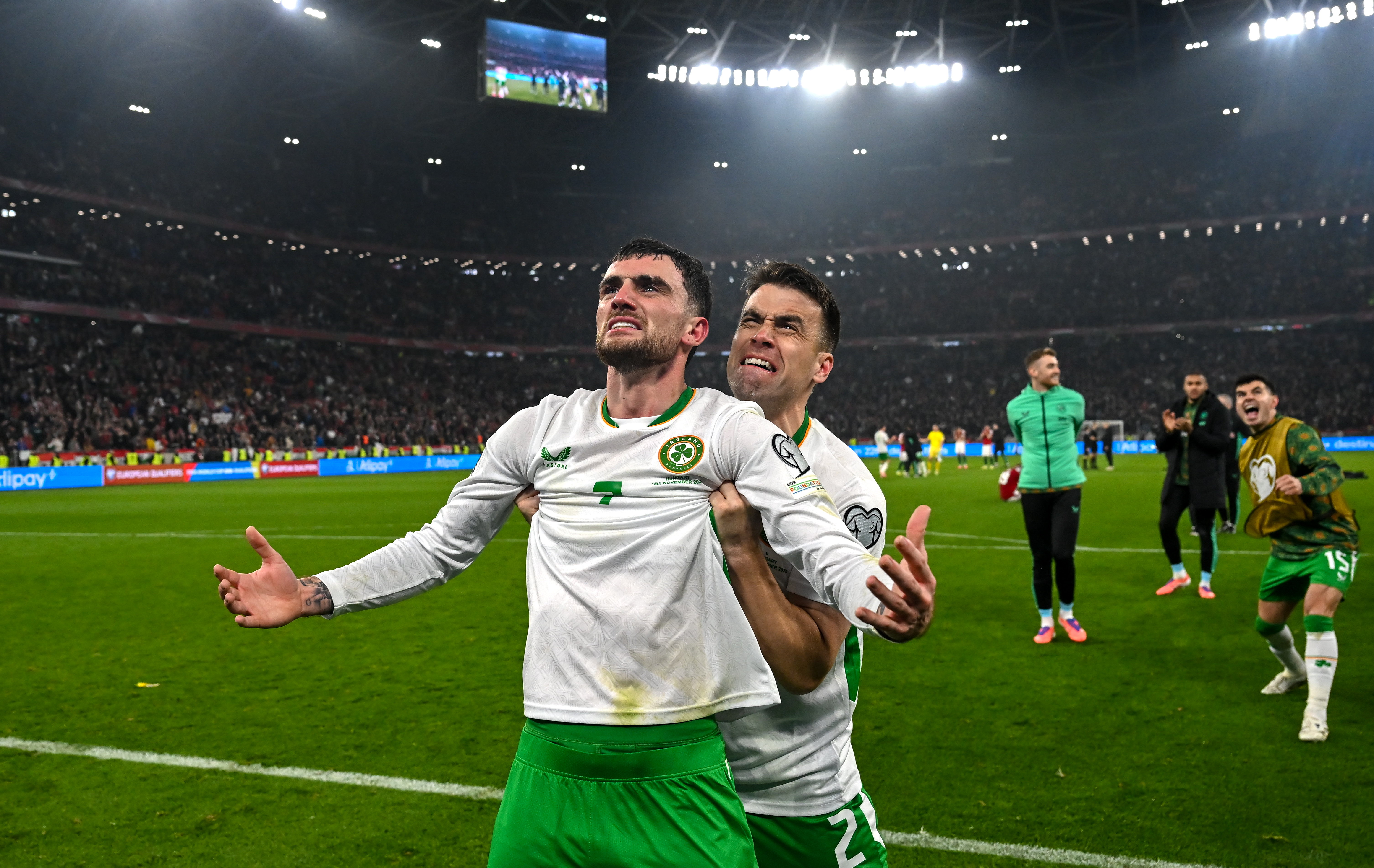 Hungary , Hungary - 16 November 2025; Troy Parrott, left, and Seamus Coleman of Republic of Ireland celebrate after the FIFA World Cup 2026 Group F Qualifier match between Hungary and Republic of Ireland at Pusk&amp;aacute;s Ar&amp;eacute;na in Budapest, Hungary. (Photo By Stephen McCarthy/Sportsfile via Getty Images)