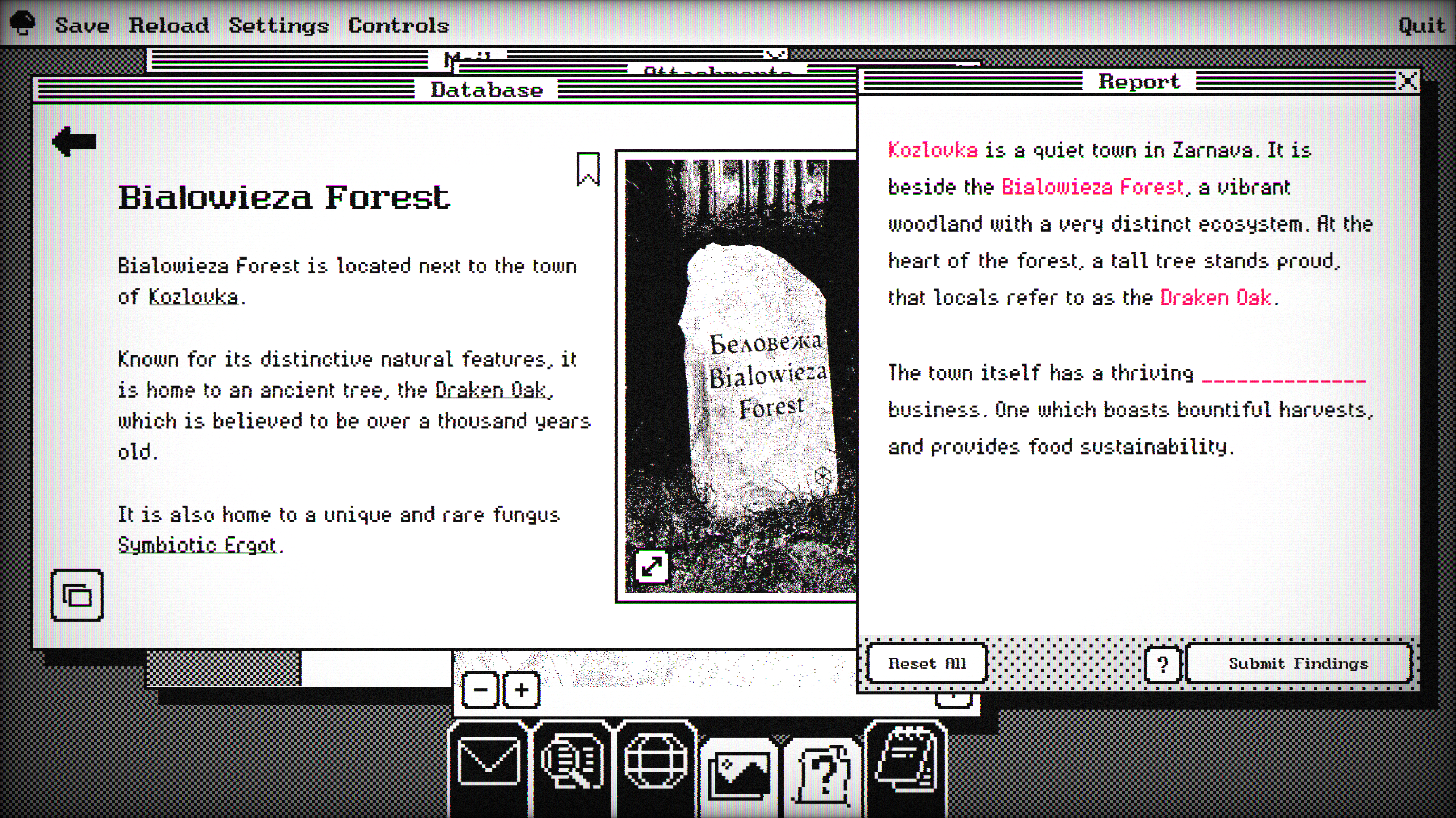 A screenshot of Lost Wiki: Kozlovka. A retro '90s computer interface has several windows open. On the left is a database entry about the fictional Bialowieza Forest. An image is attached to the page that shows a gravestone with Russian written on it. A window with a report is on the left, containing information the player must fill in with names and words in pink.