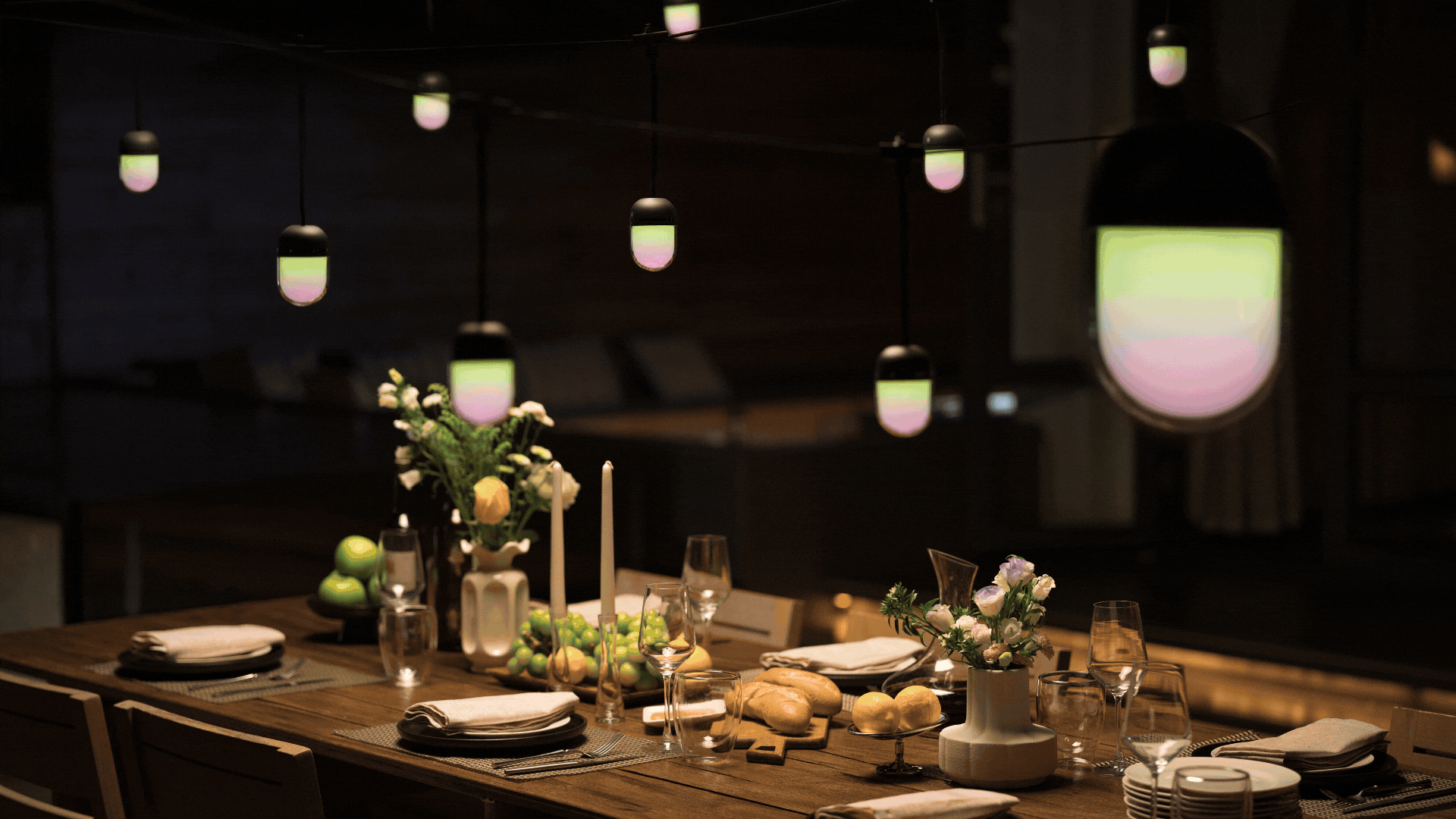 A GIF of outdoor garden settings with gradient string lights