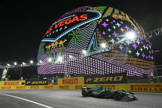 Canadian driver Lance Stroll practices on the Las Vegas Grand Prix course