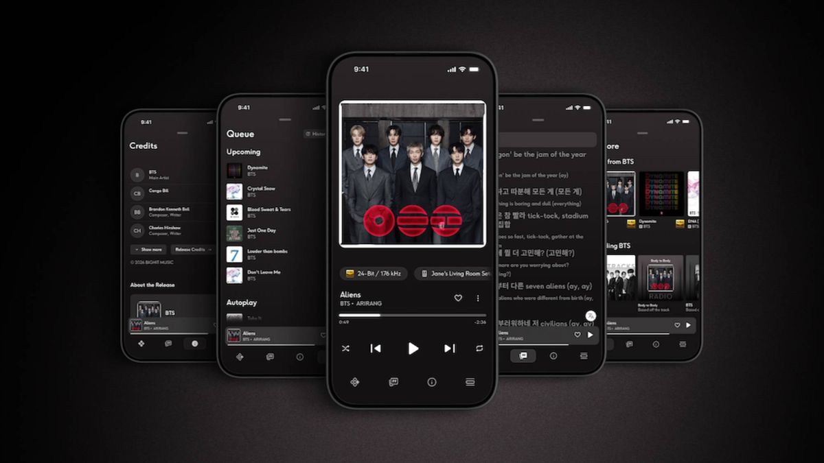 Five smartphones with different pages of the Qobuz app