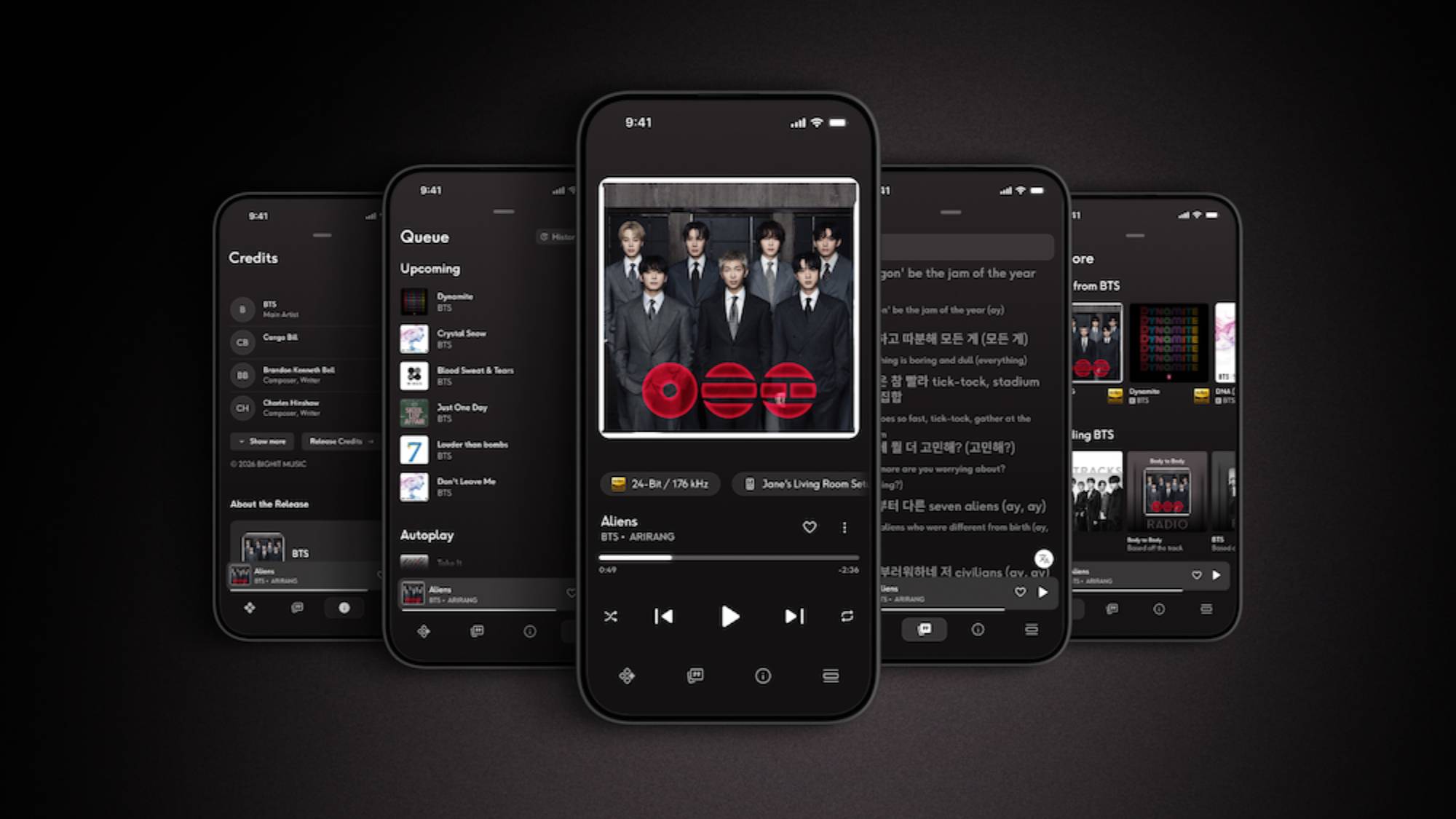 Five smartphones with different pages of the Qobuz app