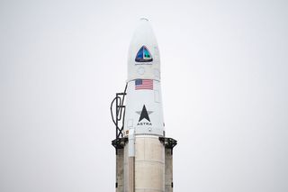 An Astra Rocket carrying the Astra-1 payloads for Spaceflight Inc. stands atop its launchpad at the Pacific Spaceport Complex on Kodiak Island, Alaska ahead of a March 14, 2022 launch attempt.