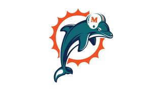 Miami Dolphins logo from 1997, depicting a leaping dolphin wearing a football helmet and with a game face, in front of a sun shape.