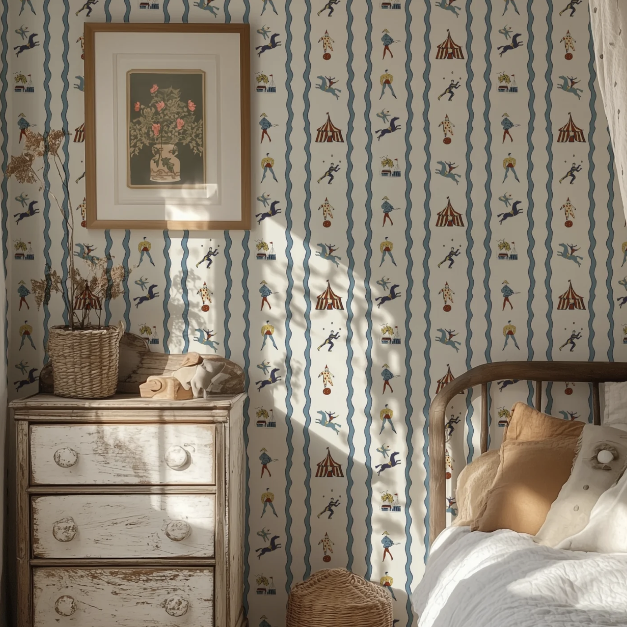 bedroom with striped wallpaper