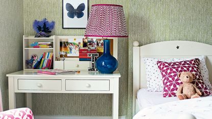 kids bedroom with bed and storage