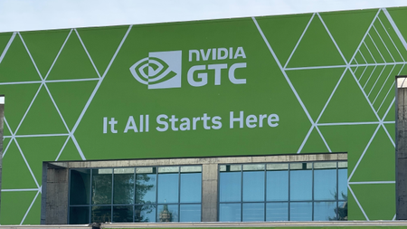 The front of a building with Nvidia GTC graphics.