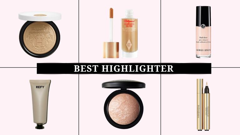 collage of six of the best best highlighters from hermes, charlotte tilbury, giorgio armani, refy, MAC, YSL