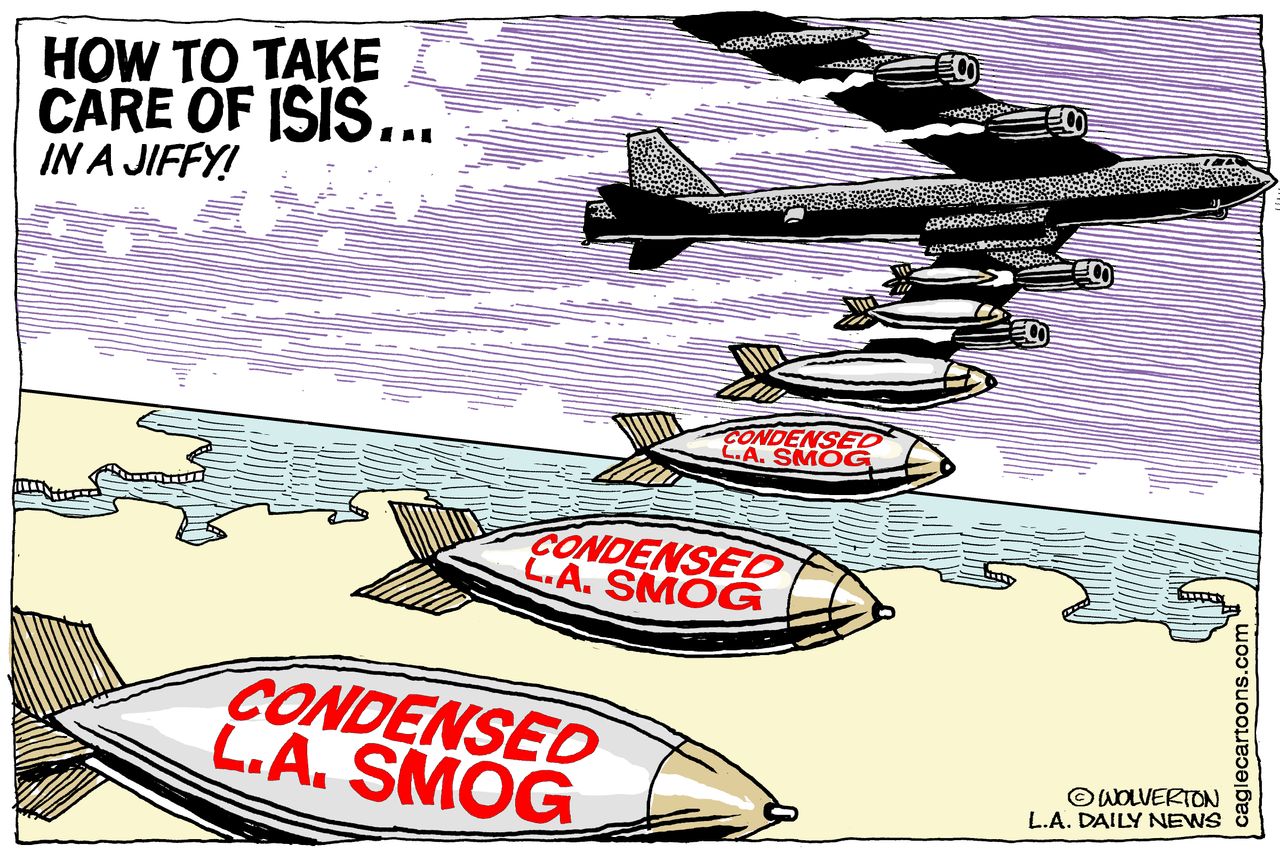 Political cartoon US LA smog and ISIS