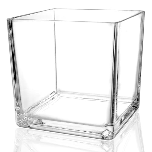 Comrzor 1 Pack Square Glass Vase 5" X 5" X 5", Clear Flower Vase for Centerpieces, Candle Holder for Wedding Party Events, Home D&amp;eacute;cor
