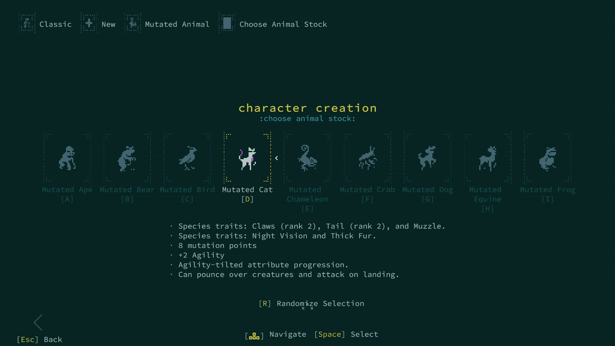 The character creation screen in Caves of Qud: Diaspora, showing the selection of potential base animal stocks that can be chosen while customizing a mutated animal character.