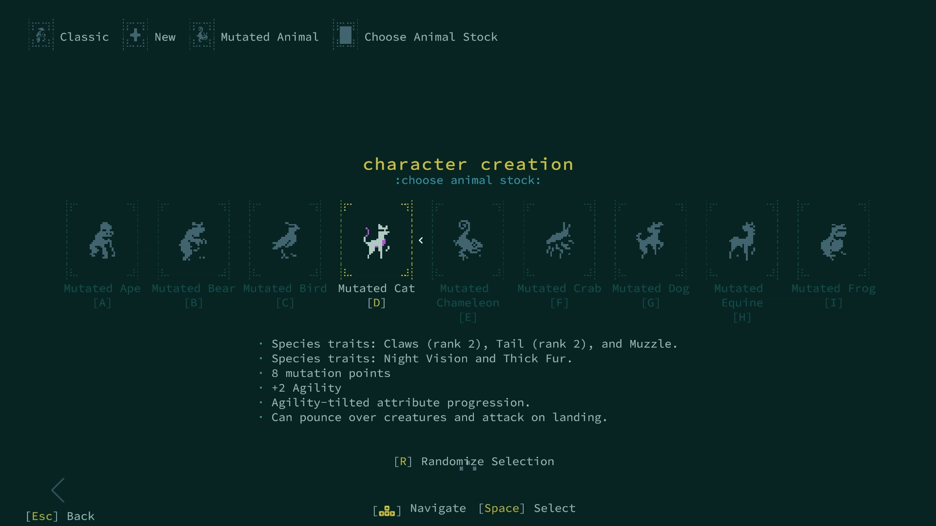  Diaspora, showing the selection of potential base animal stocks that can be chosen while customizing a mutated animal character.