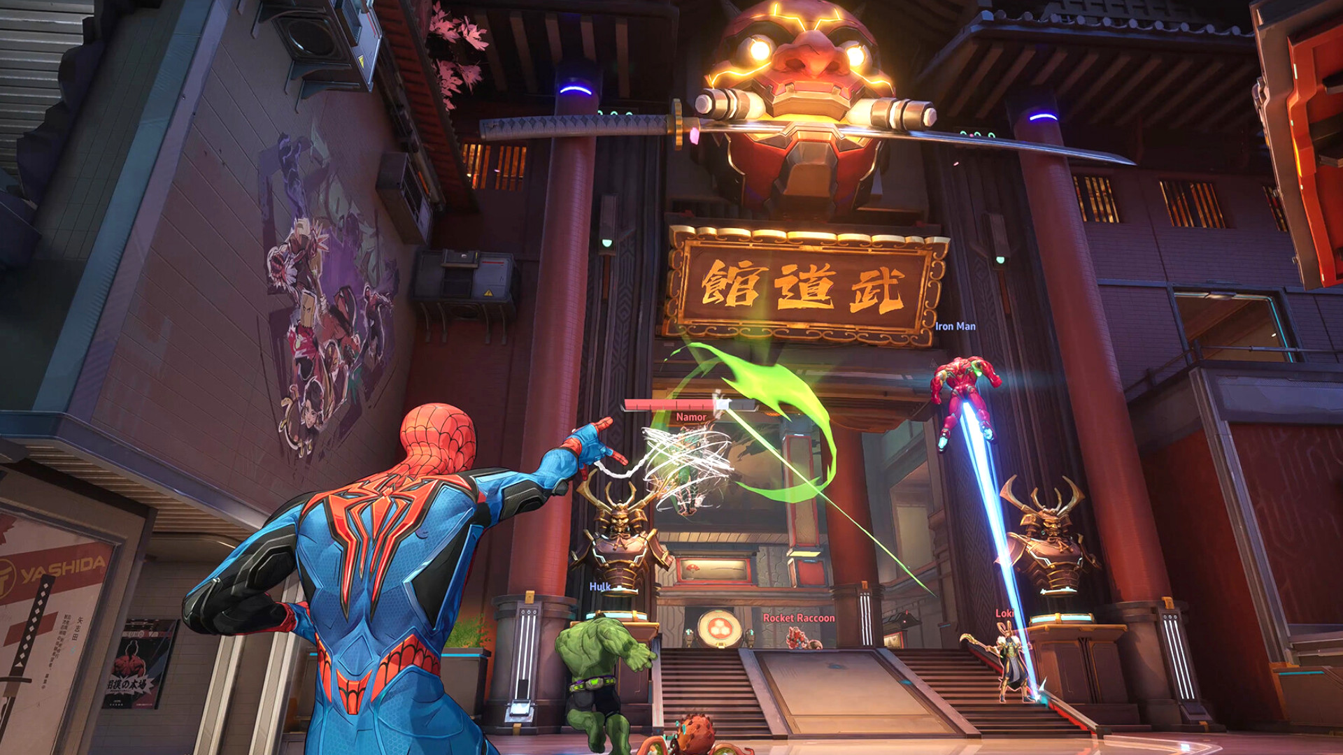 Spider-Man shooting a web at an enemy with the Hulk and Iron Man in the background during one of the best Marvel games, Marvel Rivals.
